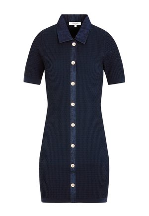 Marineblaues, strukturiertes Kurzarmkleid mit Kragen und einer vorderen Reihe von perlenähnlichen Knöpfen, die sich vom Hals bis zum Saum erstrecken.