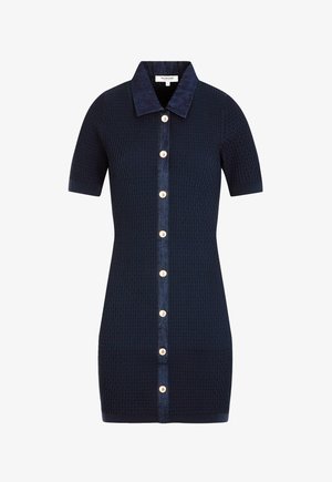 Navy blue textured short-sleeve dress with collar and front row of pearl-like buttons extending from neck to hem.