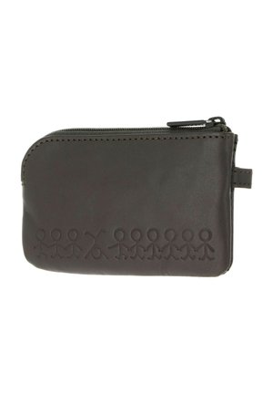 Dark brown leather zippered coin pouch with embossed linked stick figures along the front bottom edge.