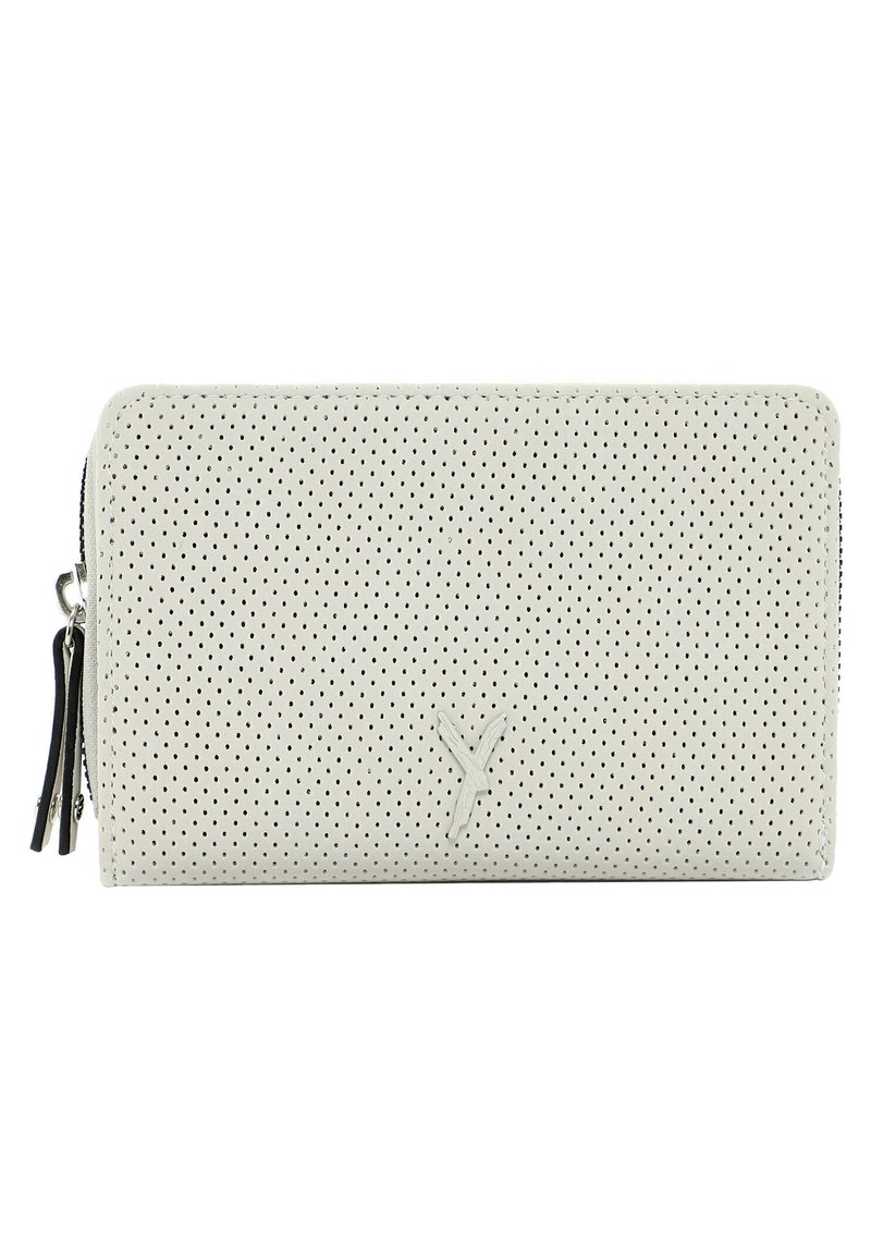 Portafoglio grigio chiaro con texture perforata, chiusura a zip e dettaglio del logo. Forma rettangolare con bordi lisci e zip a contrasto.