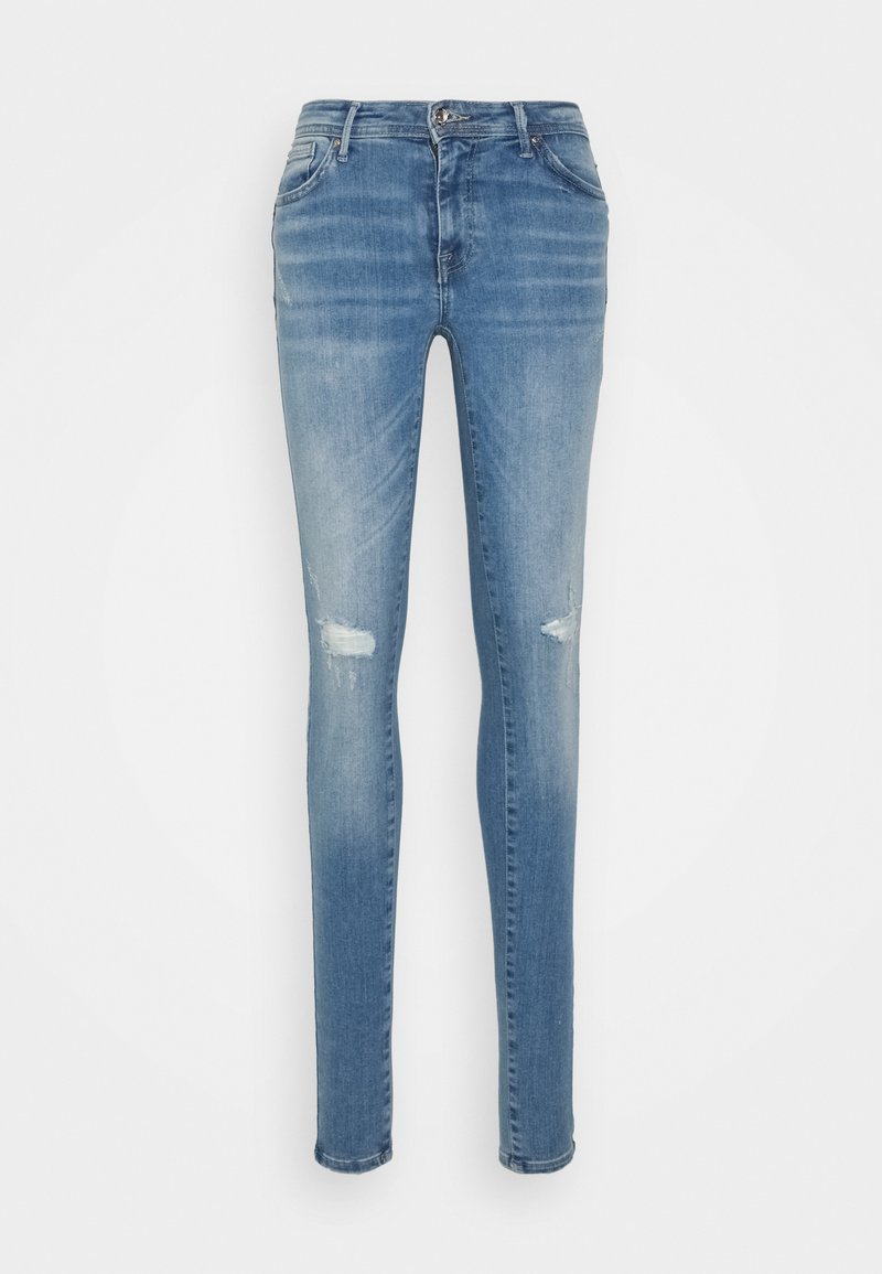 Jeans de ganga azul com um corte slim, detalhes desgastados nos joelhos e um design clássico de cinco bolsos. Textura suave e lavagem média.