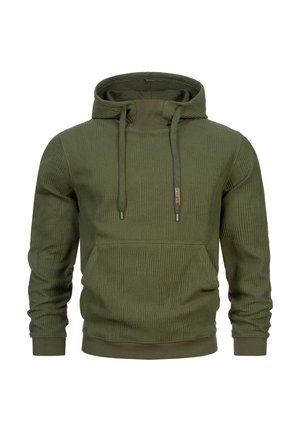 Olive green pullover hoodie with a textured pattern, drawstrings, kangaroo pocket, and ribbed cuffs and hem. Made from soft fabric.