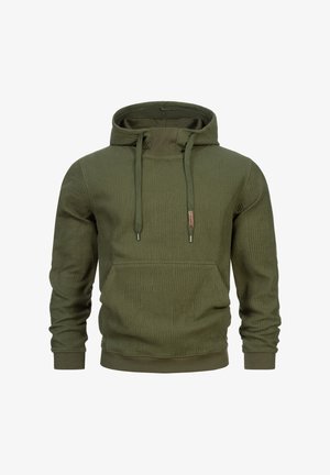 Olive green pullover hoodie with a textured pattern, drawstrings, kangaroo pocket, and ribbed cuffs and hem. Made from soft fabric.