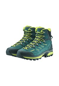 Scarpe da trekking turchesi e grigie realizzate in suede e materiali sintetici. Presentano lacci verdi, accenti di logo e una suola robusta con trazione.