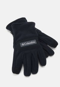 Gants en polaire de couleur bleu marine foncé avec un patch logo. Ils présentent une sangle au poignet, un tissu texturé et une séparation des doigts pour plus de dextérité.