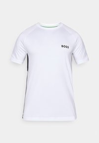 Λευκό αθλητικό T-shirt με κοντά ραγκλάν μανίκια, μαύρες πλευρικές λεπτομέρειες και ένα μικρό μαύρο λογότυπο στο στήθος. Κατασκευασμένο από αερινού υφάσματος.