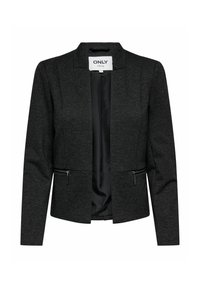 Černý blazer s texturovanou tkaninou, bez límce, se dvěma zipovými předními kapsami a hladkou vnitřní podšívkou.
