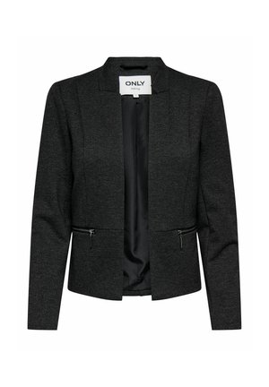 Svart blazer med en strukturerad tyg, med en krage utan design, två fickor fram med dragkedja och en slät innerfoder.