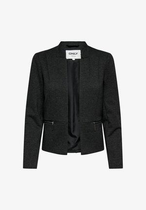 Schwarzes Blazer aus strukturiertem Stoff, mit einem kragenlosen Design, zwei mit Reißverschluss versehenen Vorderaschen und einem glatt gefütterten Innenbereich.