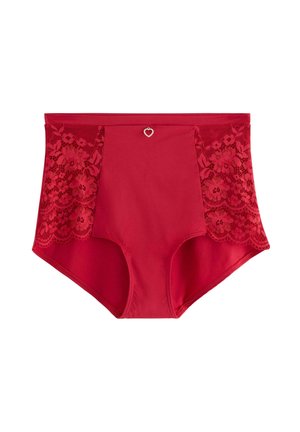Punaiset korkea vyötäröiset alushousut, joissa on pitsiset sivupaneelit, sileä keskimateriaali ja pieni sydämenmuotoinen koriste etupuolella.