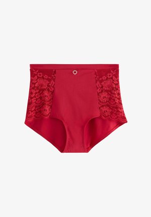 Røde højhalsede trusser med blonder på siderne, glat central stof og en lille hjerteformet charm i midten foran.