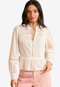 Blusa bianca con maniche lunghe, design plissettato, dettagli in pizzo sulle spalle e vita a peplo. Tessuto texturizzato con sottili motivi a pois.