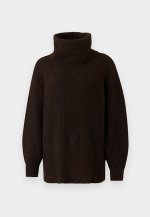 Suéter de gola alta castanho escuro com uma textura canelada, apresentando mangas longas e um ajuste descontraído. Sem padrões visíveis ou detalhes em hardware.