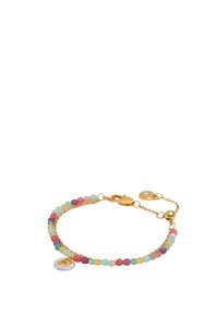 Multi-colored gemstone bracelet with gold chain, featuring small round beads and a clear accent charm. Adjustable clasp with charm detail.