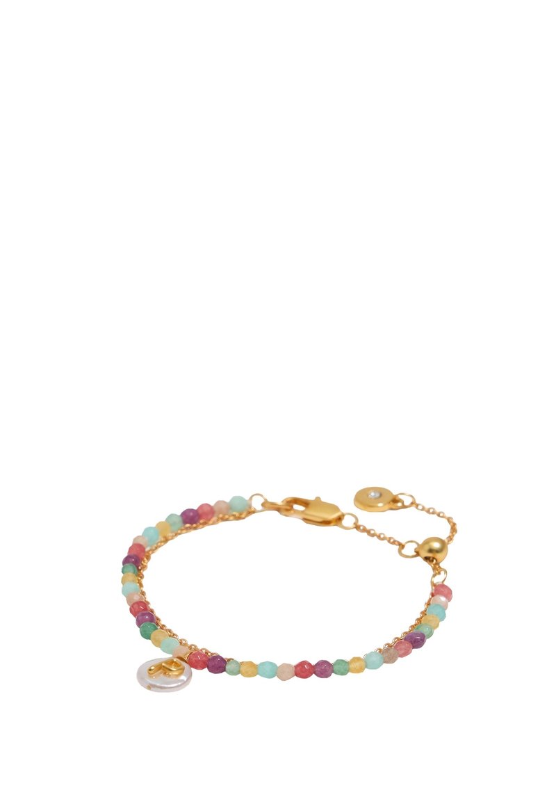 Multi-colored gemstone bracelet with gold chain, featuring small round beads and a clear accent charm. Adjustable clasp with charm detail.