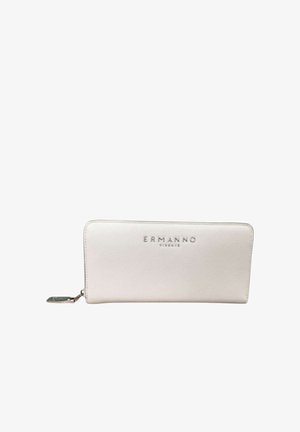 Portafoglio rettangolare bianco in pelle con cerniera a giro e logo "ERMANNO FIRENZE" impresso in argento sul davanti.