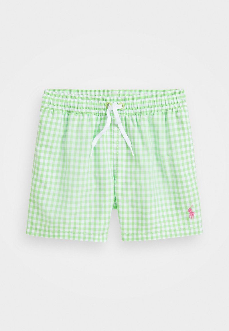 Zaļas gingham peldbikses, kas izgatavotas no viegla materiāla. Tām ir elastīga josta, aukliņas aizdare un mazs rozā logo elements.