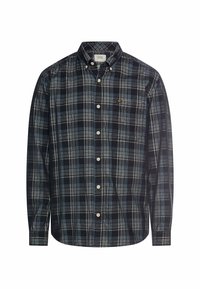 Een knoopshirt gemaakt van stof met een blauw en grijs ruitpatroon, met een kraag en lange mouwen. Aangevuld met lichte knopen.