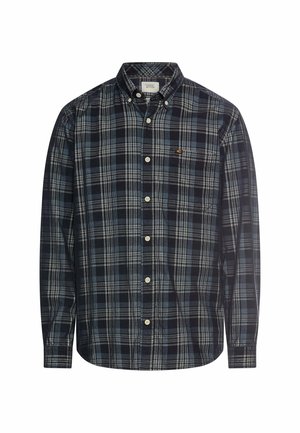 Een knoopshirt gemaakt van stof met een blauw en grijs ruitpatroon, met een kraag en lange mouwen. Aangevuld met lichte knopen.