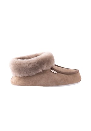 Brown suede slipper with a plush, light brown faux fur cuff; soft texture, rounded shape, and white sole. Features a stitched accent along the edge.