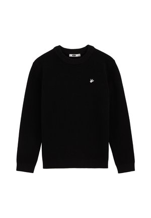 Pull en tricot noir avec un col rond, des manches longues et un petit logo blanc sur la poitrine. Présente des poignets et un ourlet côtelés.
