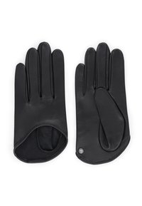 Schwarze Lederhandschuhe mit fünf Fingern, ausgestattet mit einem weichen Innenfutter und einem verstärkten Handflächenbereich. Einfaches Design mit minimaler Hardware.