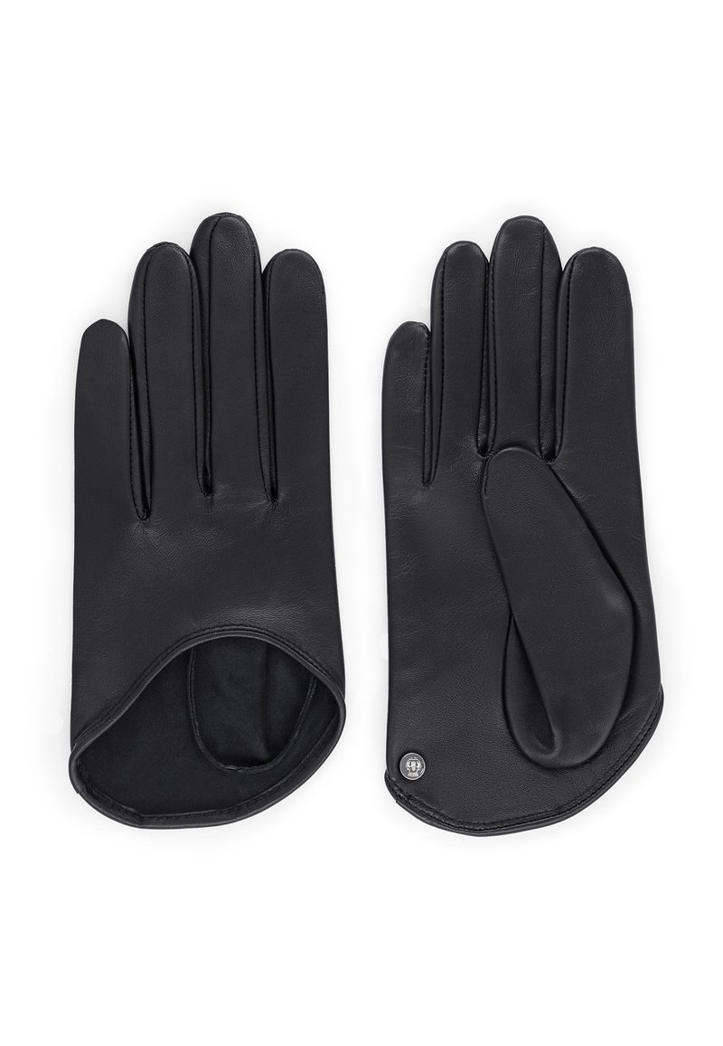 Schwarze Lederhandschuhe mit fünf Fingern, ausgestattet mit einem weichen Innenfutter und einem verstärkten Handflächenbereich. Einfaches Design mit minimaler Hardware.