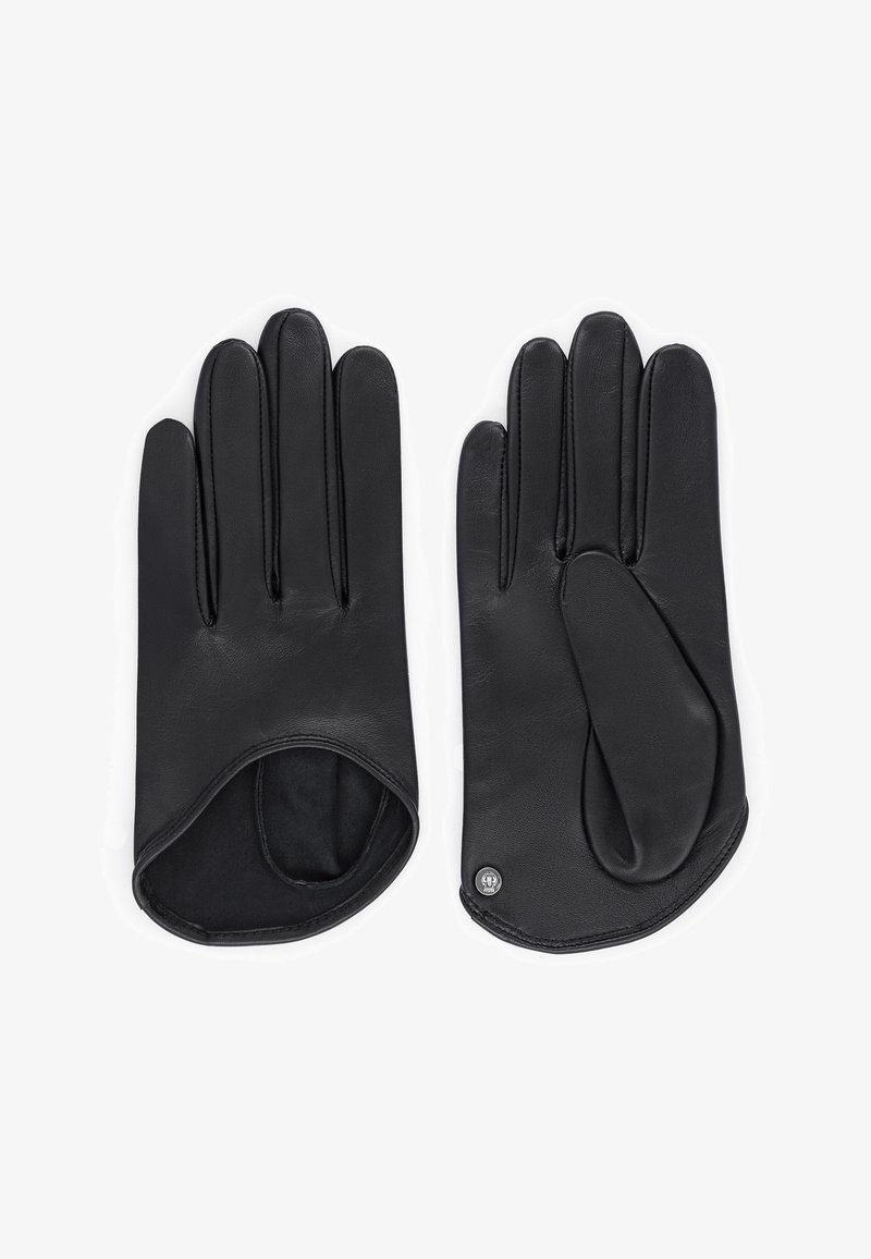 Schwarze Lederhandschuhe mit fünf Fingern, ausgestattet mit einem weichen Innenfutter und einem verstärkten Handflächenbereich. Einfaches Design mit minimaler Hardware.