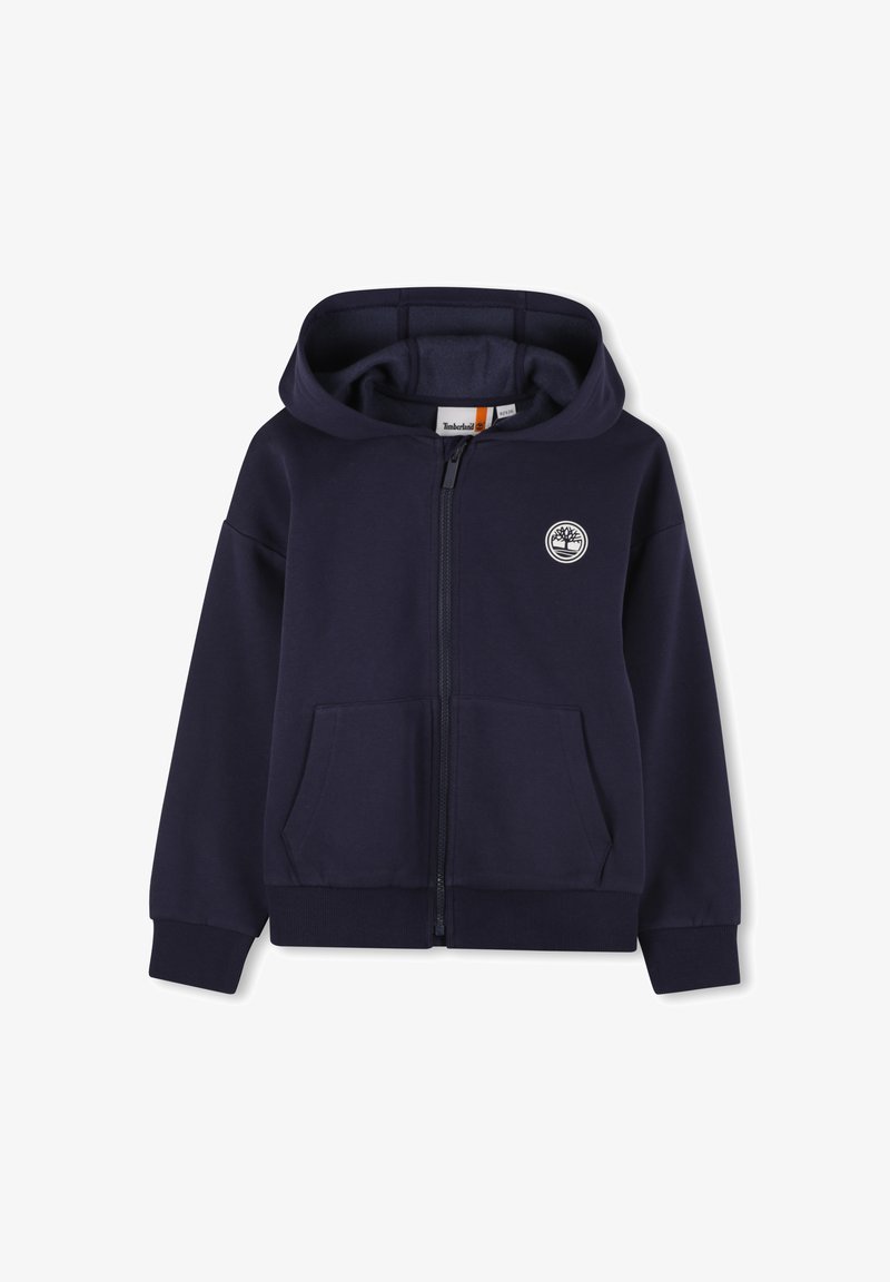 Felpa con zip di colore blu navy realizzata in morbido cotone, presenta una toppa con logo frontale, due tasche laterali e polsini e orlo a costine.