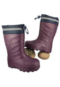 Paarse rubberlaarzen met een gestructureerd ontwerp, donkerblauwe bovenkant met grijze streep, verstelbaar aantrekkoord. Profielzool voor grip.