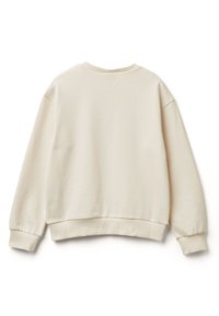 Beige oversize mikina s žebrovaným kulatým výstřihem, dlouhými rukávy a žebrovanými manžetami. Hladká textura s jednobarevným vzorem, bez jakýchkoliv motivů.