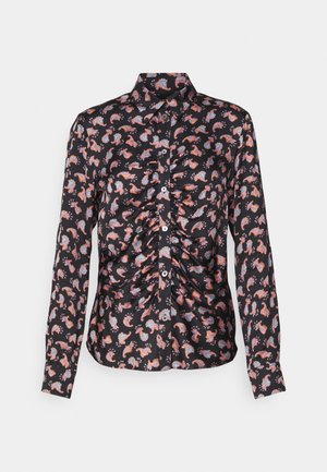 Black blouse with long sleeves, featuring a ruched front design and a colorful paisley pattern. Button closure and classic collar detail.