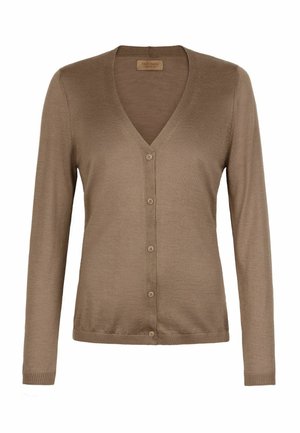 Brązowy kardigan z długim rękawem i dekoltem w serek, z pięcioma guzikami i prążkowanymi mankietami, wykonany z cienkiej dzianiny.