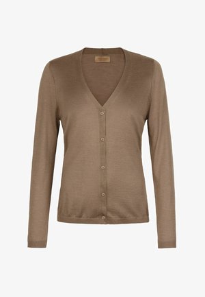 Brązowy kardigan z długim rękawem i dekoltem w serek, z pięcioma guzikami i prążkowanymi mankietami, wykonany z cienkiej dzianiny.