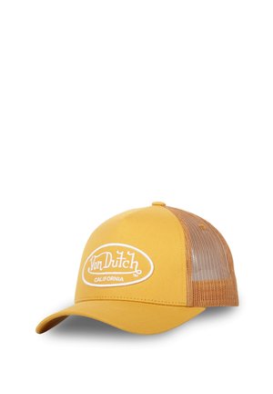 Gelbe Kappe mit gebogenem Schirm, vorderer Baumwollstoff und Mesh-Rücken, mit einem weißen "Von Dutch"-Logo und dem Text "California".