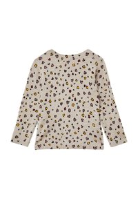 Gebreid trui in lichtbeige met lange mouwen, voorzien van een luipaardprint in zwart, geel en bordeauxrood. Rundhals en geribbelde zomen.