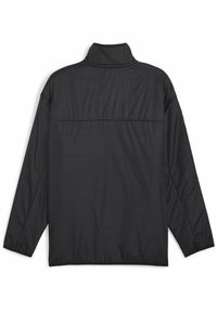 Black pullover jacket with a high collar, long sleeves, and a smooth, slightly shiny texture. Features a seam across the back.