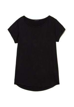 Schwarzes Kurzarm-T-Shirt mit rundem Ausschnitt und leicht abgerundetem Saum, flach auf einem weißen Hintergrund ausgelegt.