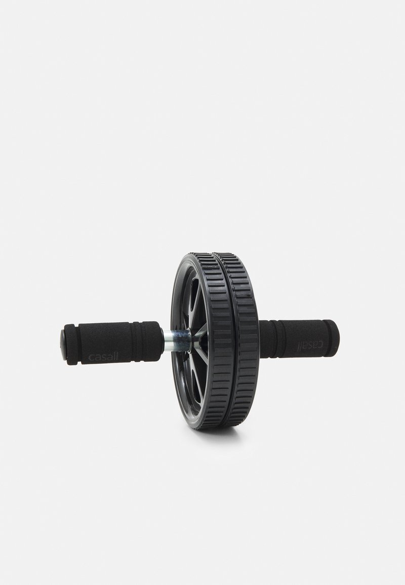 Roulette d'exercice noire avec des poignées en caoutchouc texturé, dotée d'un axe central en métal et d'un design de roue striée pour une meilleure prise et stabilité.