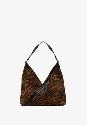 Leopard print shoulder bag in brown and black, featuring a zippered pocket and a sweeping, triangular shape with a black leather strap.