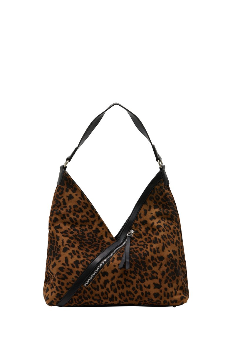 Leopardenmuster Schultertasche in Braun und Schwarz, mit einem Reißverschlussfach und einer geschwungenen, dreieckigen Form mit einem schwarzen Ledertragegurt.