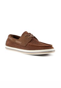Brown mesh boat shoes with a suede accent, cream rubber sole, and contrasting stripes. Features laces and side cutouts for breathability.