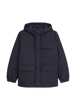 Navyblauwe hoodie gemaakt van een gladde stof, met twee grote voorzakken en een kleinere borstzak, elastische manchetten en ritsen.