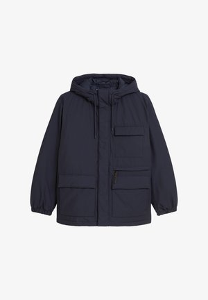 Navyblauwe hoodie gemaakt van een gladde stof, met twee grote voorzakken en een kleinere borstzak, elastische manchetten en ritsen.