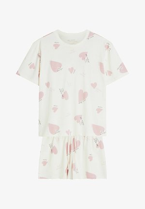 Kremowy komplet z krótkim rękawem i szortami, ozdobiony różowymi serduszkami oraz napisami takimi jak "zakochaj się" i "wybierz radość".