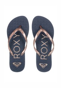 Blauwe slippers met een textuur voetbed, met rosegouden glittersbanden en het "ROXY" logo ingedrukt op de zool. Levendige diamantlogo-detail.