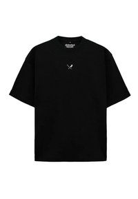 Zwarte katoenen T-shirt met een ontspannen pasvorm. Het heeft korte mouwen en een klein zilveren logo van gekruiste bestek op de borst.
