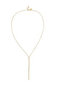 Collar de oro con una cadena delgada, que presenta un detalle de gota retorcida. Diseño sencillo, longitud ajustable con cierre de gancho.