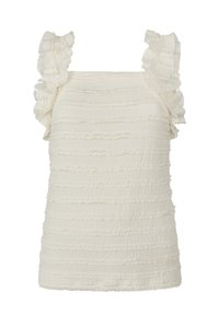 Top bianco senza maniche con un design stratificato testurizzato e spalline arricciate. Il tessuto presenta righe orizzontali in rilievo e una forma aderente.