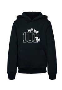 Čierna mikina s kapucňou s bielou grafikou štyroch hravých dalmatínskych šteniat nad číslom "101" v tučnom šedom písmene. Obsahuje predné vrecko typu kengura.